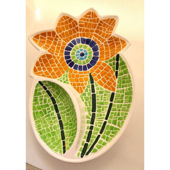 Chip & Dip-Server-Cooks Club-Sunflower-Mosaic-Large-Green-Orange-2 Sections - Picture 8 of 10
